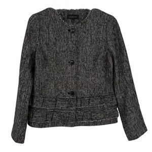 Talbots Tweed Jacket Blazer Size 4 Black Ruffle Hem Button Front Career Office